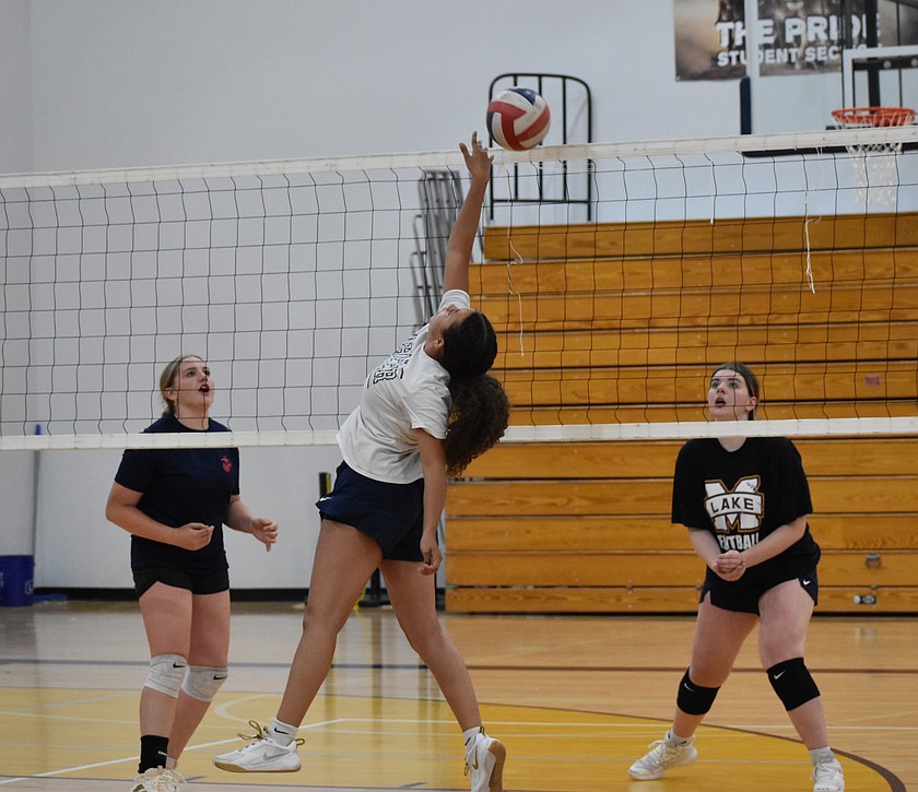 Lions players at Moses Lake Christian Academy play a quick game of four-on-four volleyball during preseason practice. The Lions begin their season Sept. 8 against Wilson Creek.