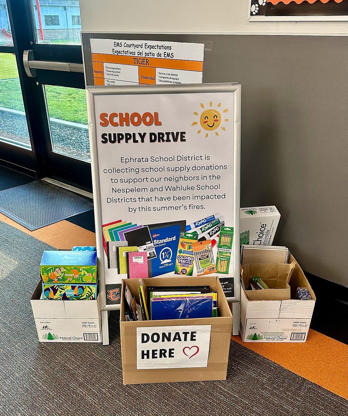 Extra boxes had to be added at the Ephrata Middle School donation drive during back-to-school orientations. The district plans on giving all of the supplies collected to wildfire-affected students at the Nespelem and Wahluke school districts.