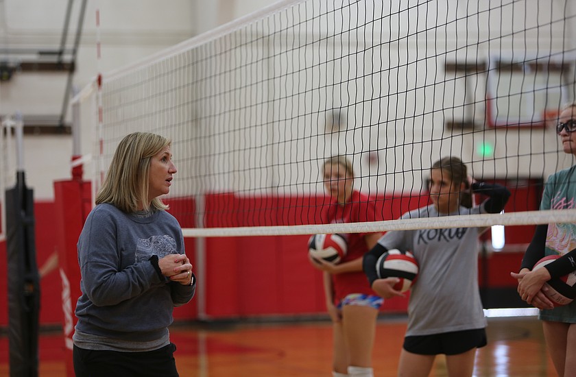 Head Coach Cari Galbreath (left) talks with her players at the Lind/Ritzville Broncos practice, Wednesday.