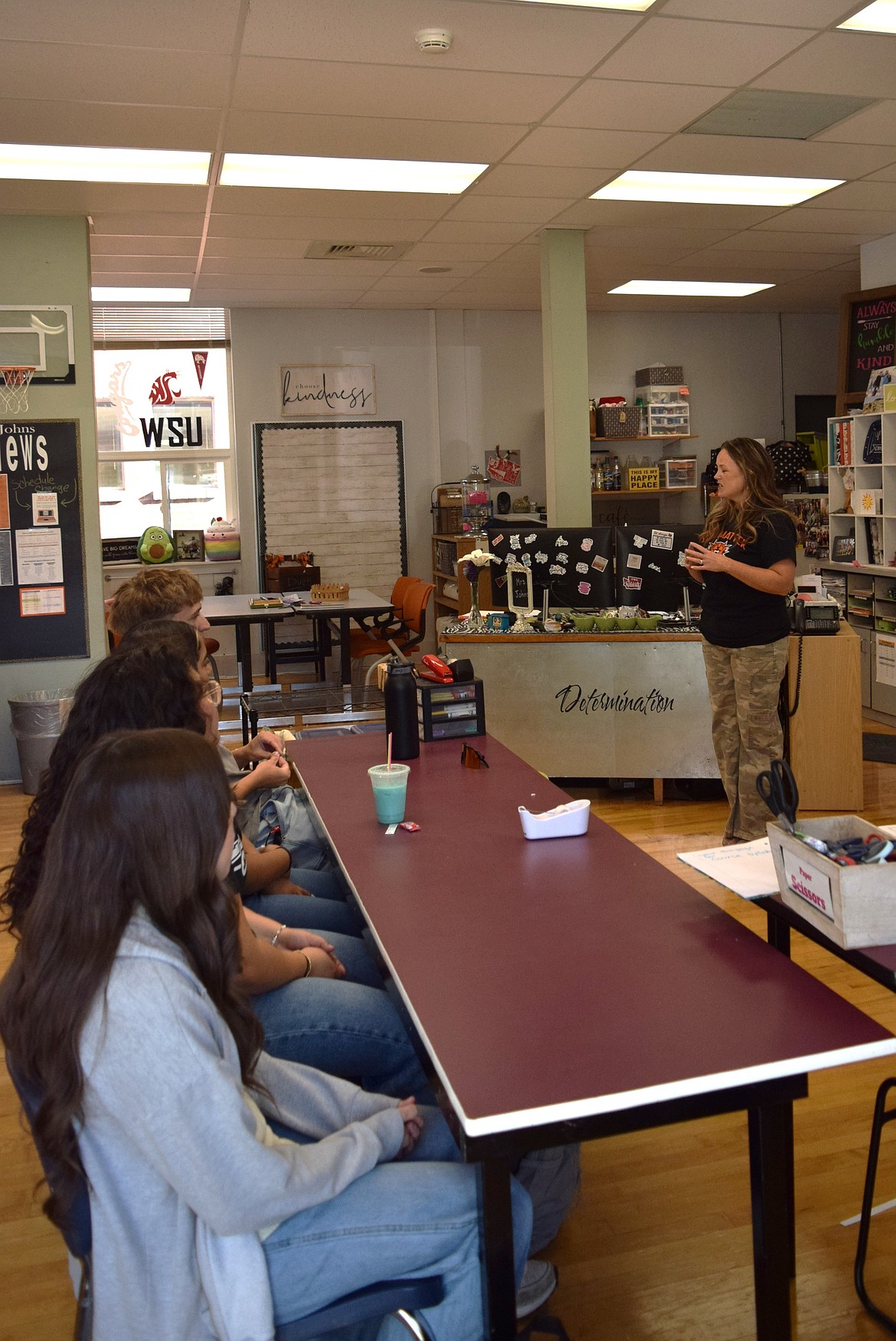 Ephrata High School students listen to Mrs. Johns for their second period of the first day of school.