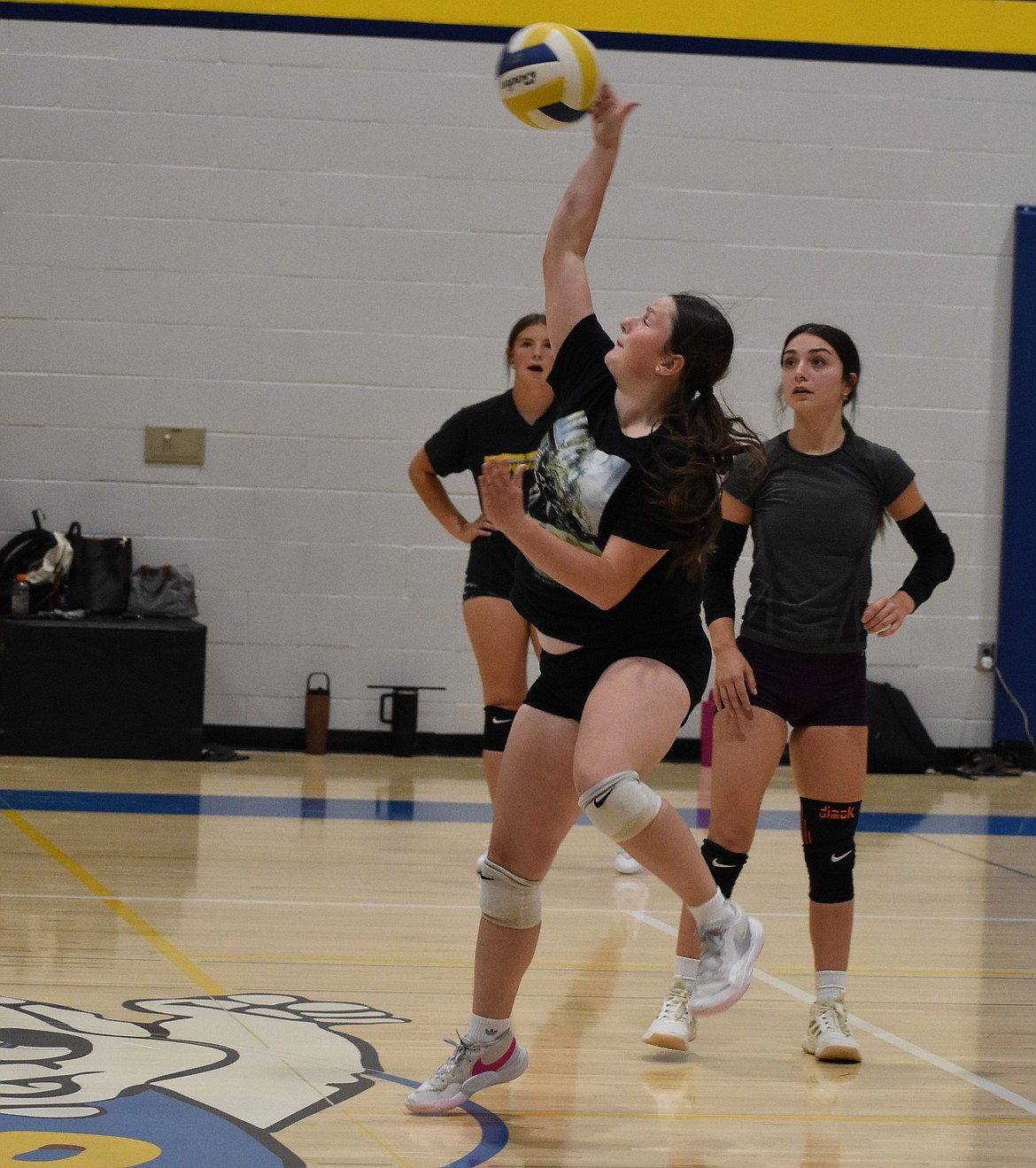 Devils sophomore Aubree Larson leaps up to hit the ball over the net during practice early in the season.