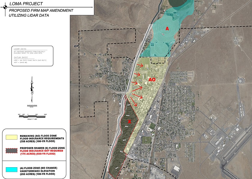 The City of Ephrata has started what is anticipated to be a 10-to-15-year process to remove the downtown corridor from a flood zone. The first phase is getting a Strategic Infrastructure Program grant to develop a FEMA-approved Flood Hazard Mitigation Plan. Phase two is working on the Letter of Map Amendment, which would remove a majority of the area marked by the X. Phase three is removing the rest of the OA flood zone by completing the 1972 U.S. Army Corps of Engineers flood plan diversion design.