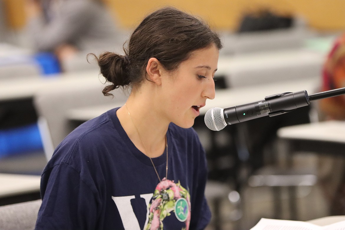 Abby Saks, a Spokane resident and Inland Northwest grassroots organizer for Save Our Wild Salmon, voices environmental concerns regarding a new plan calling for more energy resources in Coeur d'Alene on Monday.