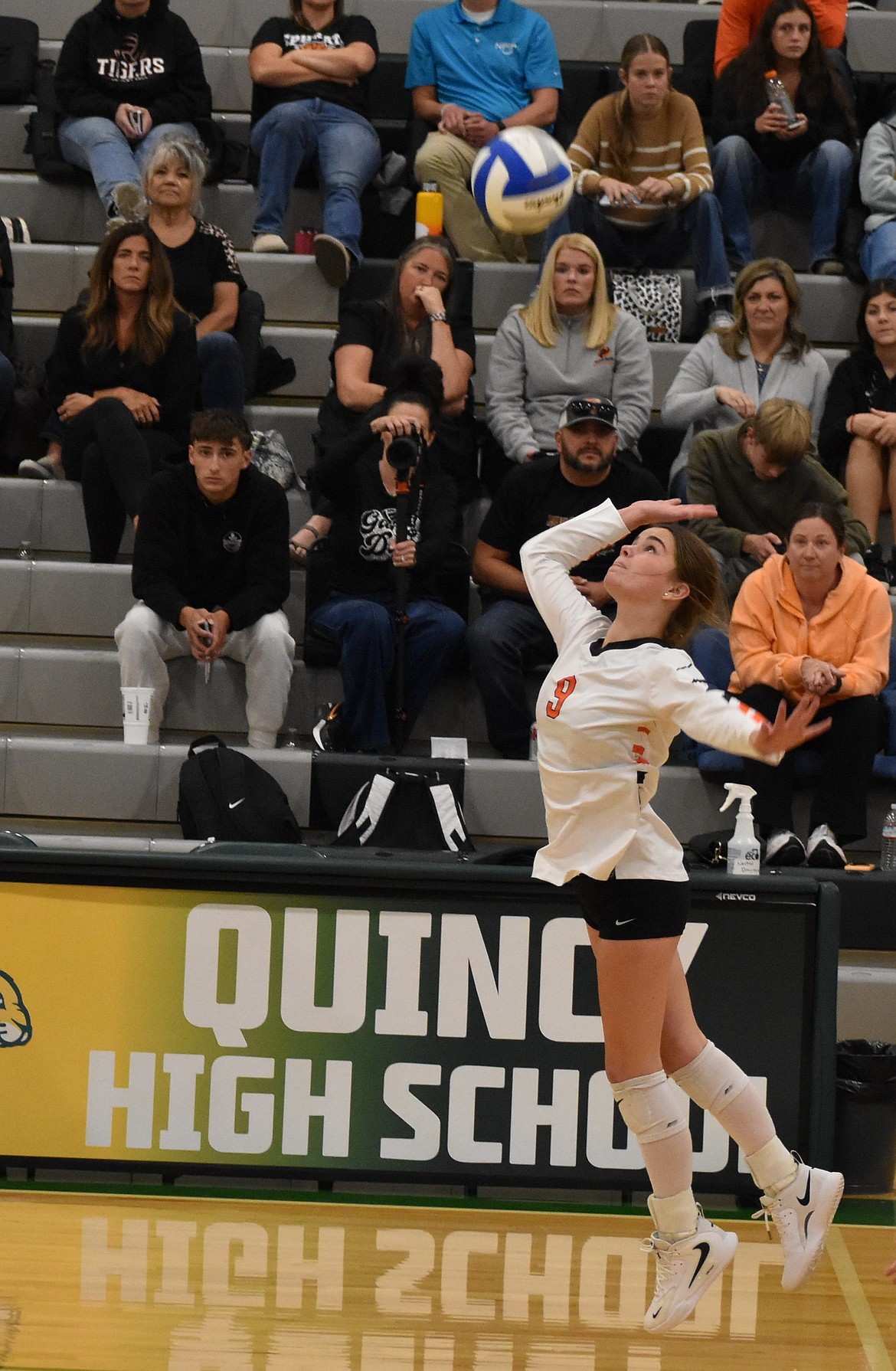 Scarlet Wolther a sophomore from Ephrata leaps up to slam the ball back over toward Quincy during Tuesday’s matchup.