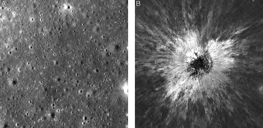 This combination of photos made by NASA's Lunar Reconnaissance Orbiter shows the same area on the surface of the moon before and after a newly-discovered crater in May 2024. (NASA/Goddard Space Flight Center/Intuitive Machines via AP)