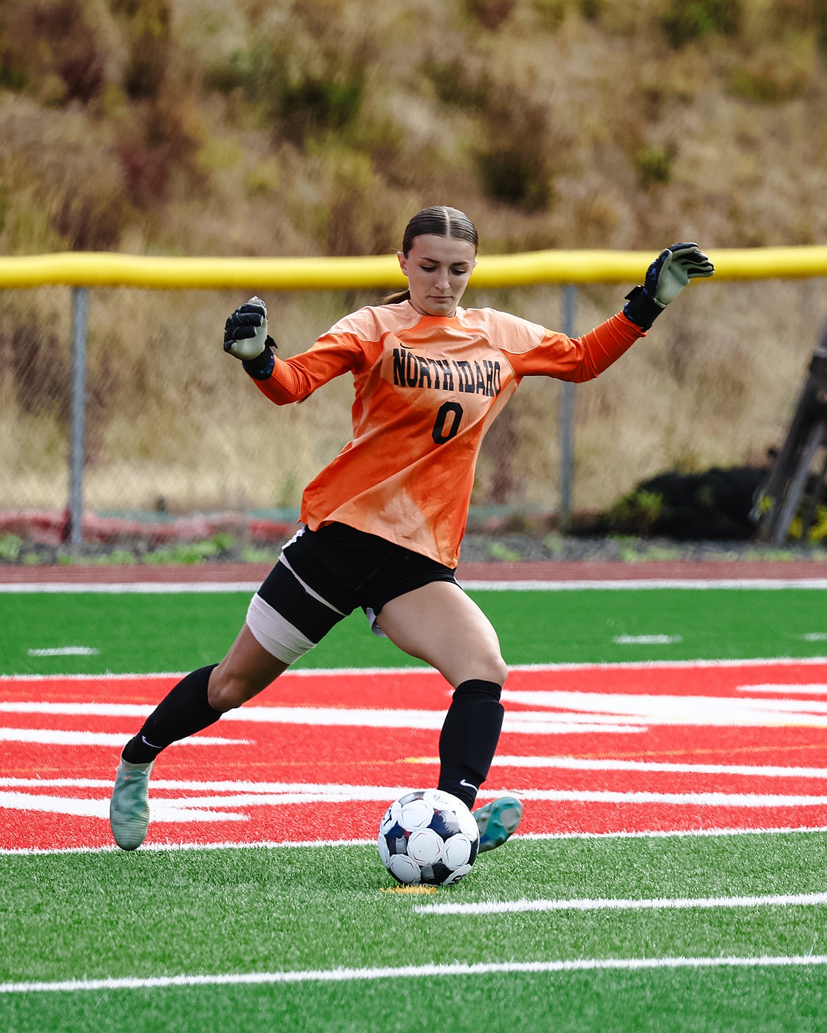 KYLE DISHAW PHOTOGRAPHY
North Idaho College freshman goalkeeper Brooklyn Sperry clears the ball during Thursday's Scenic West Athletic Conference match against Snow College at the Marimn Health Coeur Center in Worley.