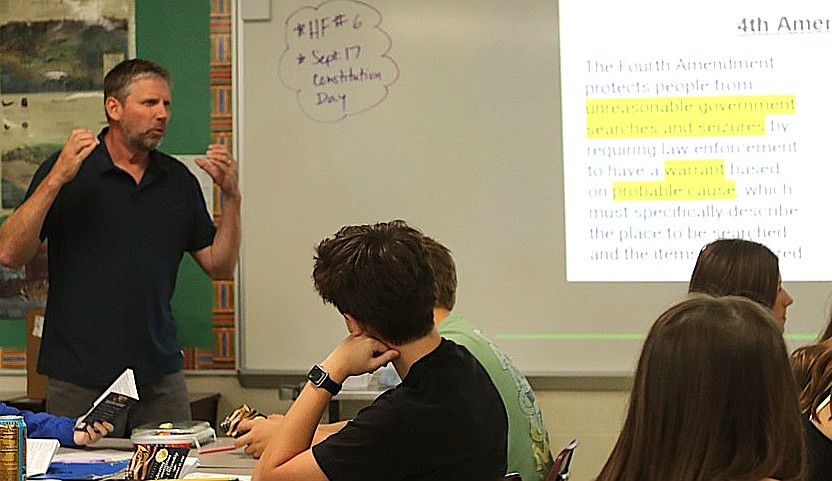 Tony Cox teaches an eighth-grade U.S. History Class Thursday morning at Canfield Middle School.