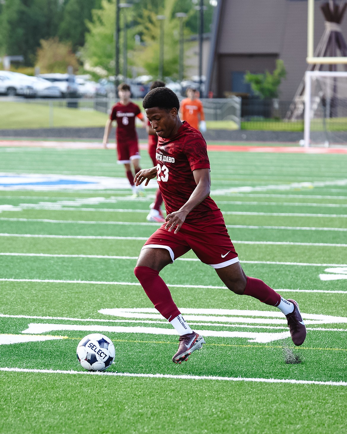 KYLE DISHAW PHOTOGRAPHY
North Idaho College freshman defender Dontae Logan dribbles the ball during Thursday's Scenic West Athletic Conference match against Snow College at the Marimn Health Coeur Center in Worley.