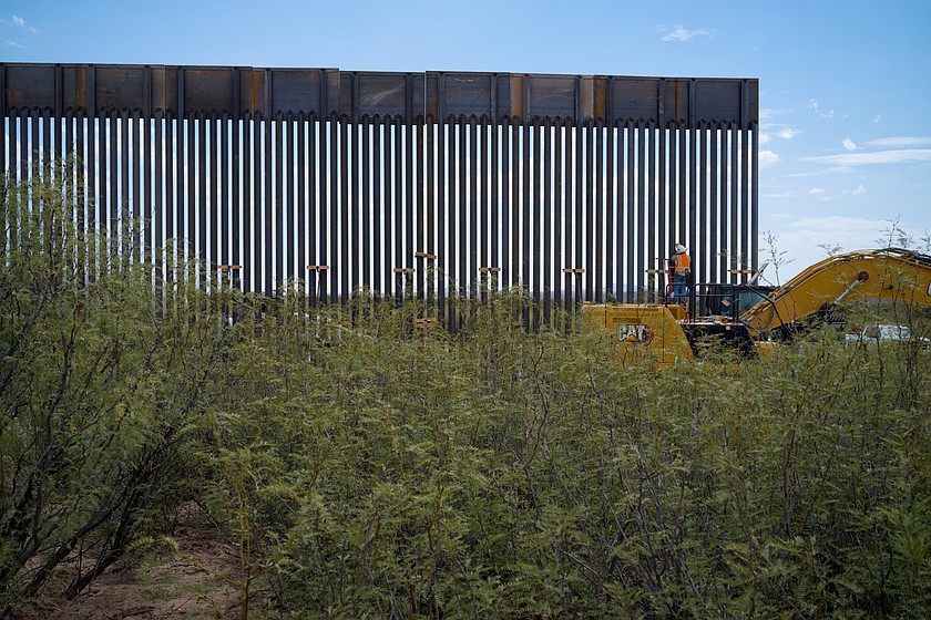 In this photo provided by Scott McWilliams, crews install the first sections of a new border wall in the Big Bend region of west Texas, on Sept. 16, 2026. (Scott McWilliams via AP)