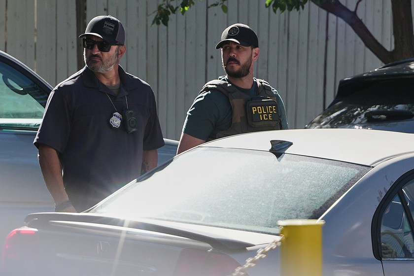 ICE agents make a stop along Washington Street Wednesday, Sept. 16, 2026, in Denver.