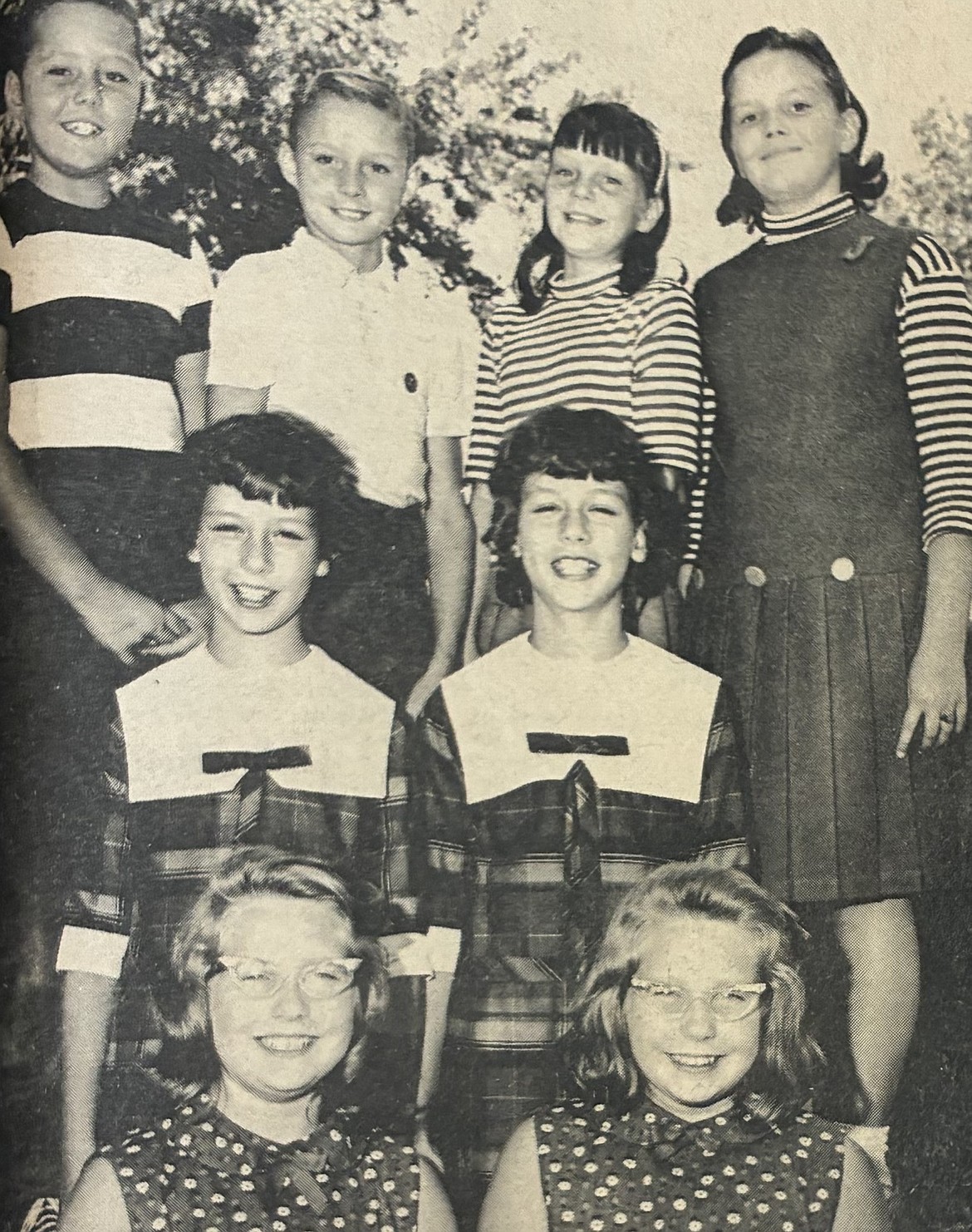 In 1966, the four sets of fifth-grade twins at Central School were (bottom to top, from left): Jeanine and Jarine Steele, Mikelyn and Michele Lunceford, Marlin and Marvin Tisdall, and Kathryn and Julie McCullough.