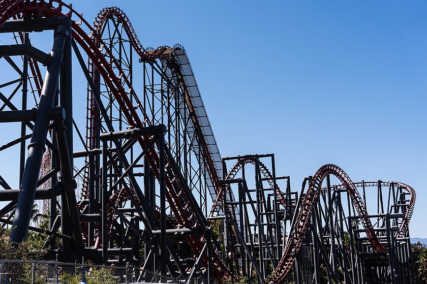 The X2 roller coaster is seen at Six Flags Magic Mountain in Valencia , Calif., Wednesday, Sept. 23, 2026. (AP Photo/Jae C. Hong)