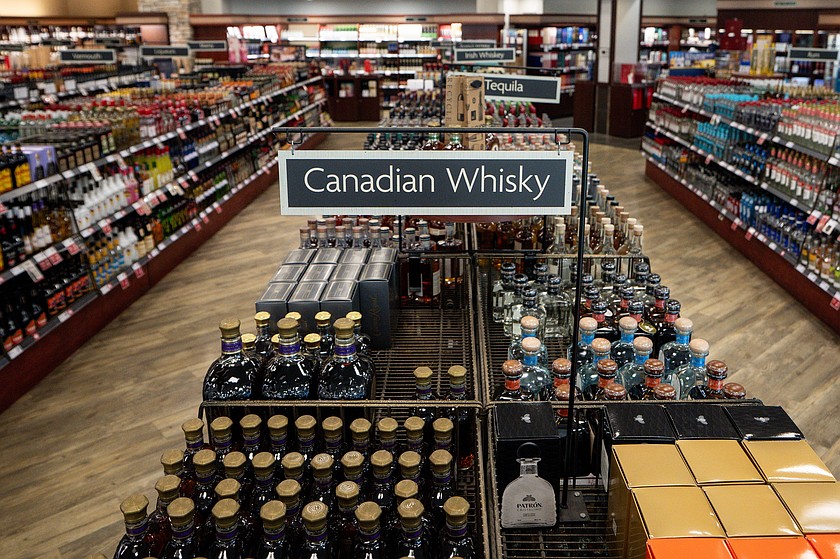 Canadian whisky is pictured at a British Columbia Liquor store in Vancouver on Aug. 25, 2026. (Ethan Cairns/The Canadian Press via AP, File)