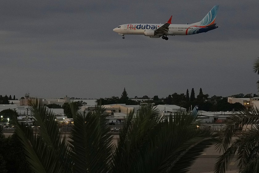 A FlyDubai aircraft carrying Israelis who experienced an emergency landing in Saudi Arabia arrives at Ben Gurion International Airport, near Tel Aviv, Israel, Wednesday, Sept. 30, 2026. (AP Photo/Ariel Schalit)