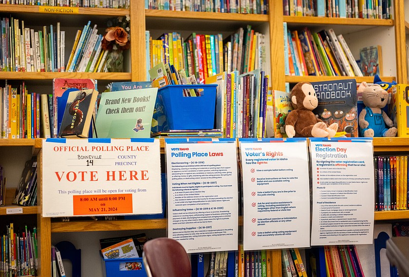 Voting information sits on display for the primary election on May 21, 2024, at Hawthorne Elementary School in Idaho Falls. (Photo by Pat Sutphin for the Idaho Capital Sun)