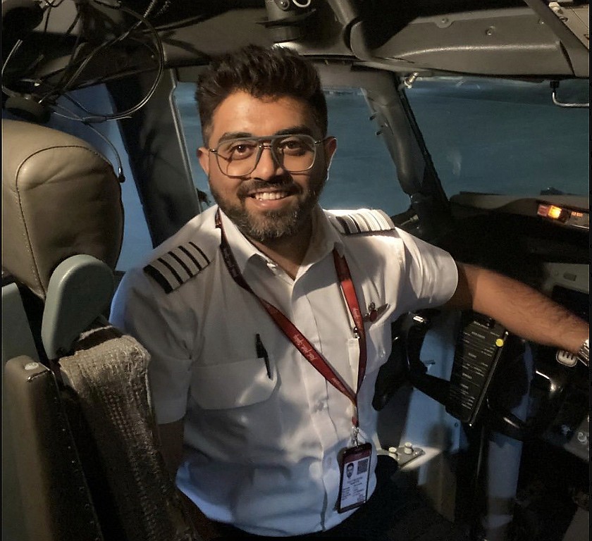 This undated photo released on Israel's Foreign Ministry social media shows Indian Capt. Smit Machchhar in the cockpit of a plane in an unknown location. Machchhar was at the controls of a FlyDubai flight that was diverted to Tabuk in northwestern Saudi Arabia for an emergency landing on Wednesday, Sept. 30, 2026. (Israel's Foreign Ministry via AP)