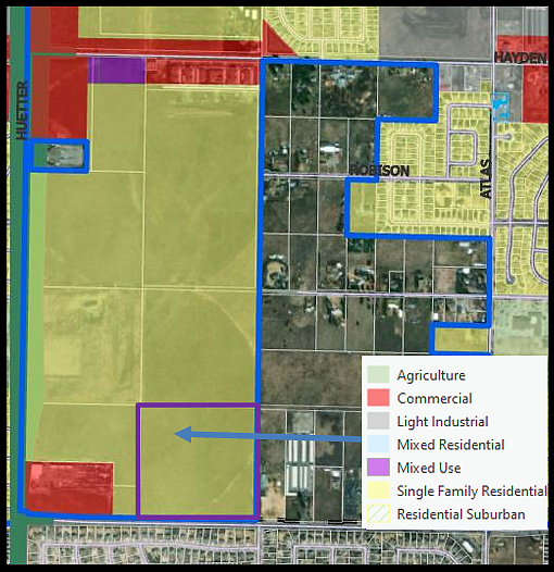 A map from the Planning and Zoning Commission's staff review document showing where Hazelnut Glen would be, outlined in purple and zoned for single-family residential.