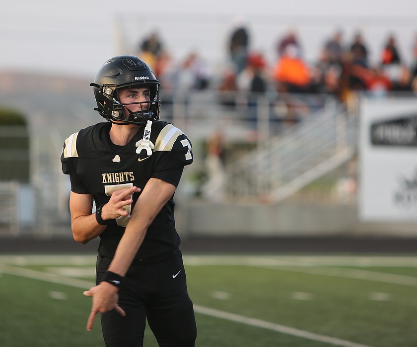 Grant Wardenaar (7) warms up ahead of the Knights game against Cashmere earlier this season. Royal defeated Kiona-Benton 60-0 Saturday.
