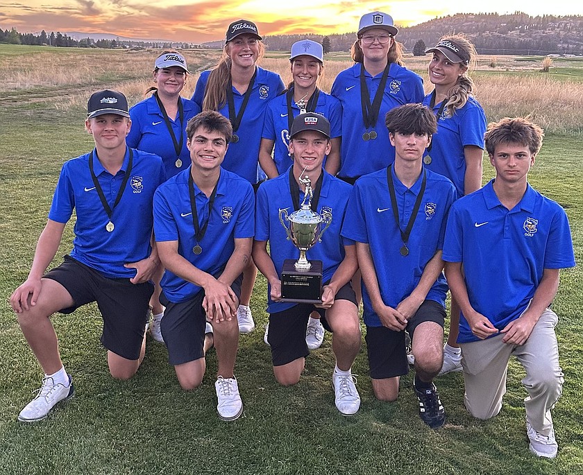 Courtesy photo
Coeur d'Alene's boys and girls golf teams won team titles at the 6A District 1 tournament Monday at The Links Golf Club in Post Falls. In the front row from left are Kellan Christensen, Drew Murrell, Hunter Paquin, Damon Mysse and Max Gage; and back row from left, Livia Garcia, Ella Wilson, Emily Stillert, Jossetta Williams and Leah Heavener.