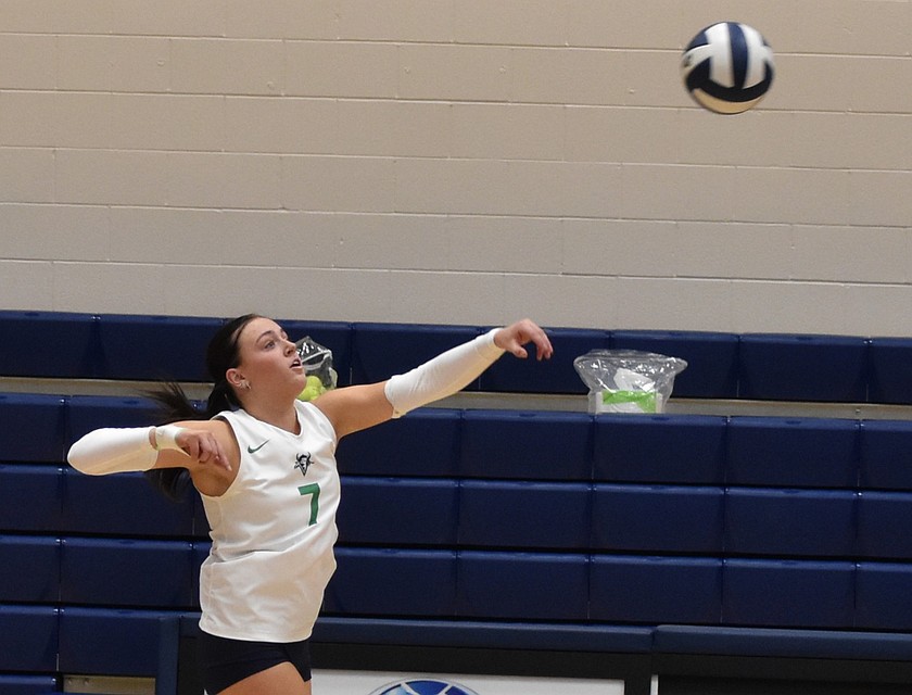 Kaylee Lindley, a freshman from the Vikings, sends the ball flying back over the net for a kill during Friday’s game against Columbia Basin.