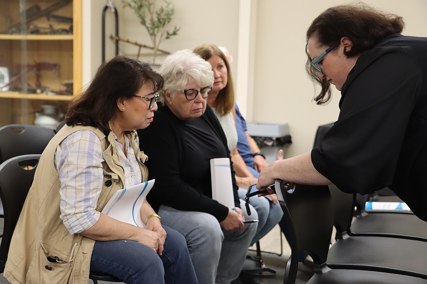 Lisa Olver shows some in attendance at the Dalton Gardens town hall educating seniors on avoiding banking frauds and scams how to lock a credit card using the banking app on her phone.