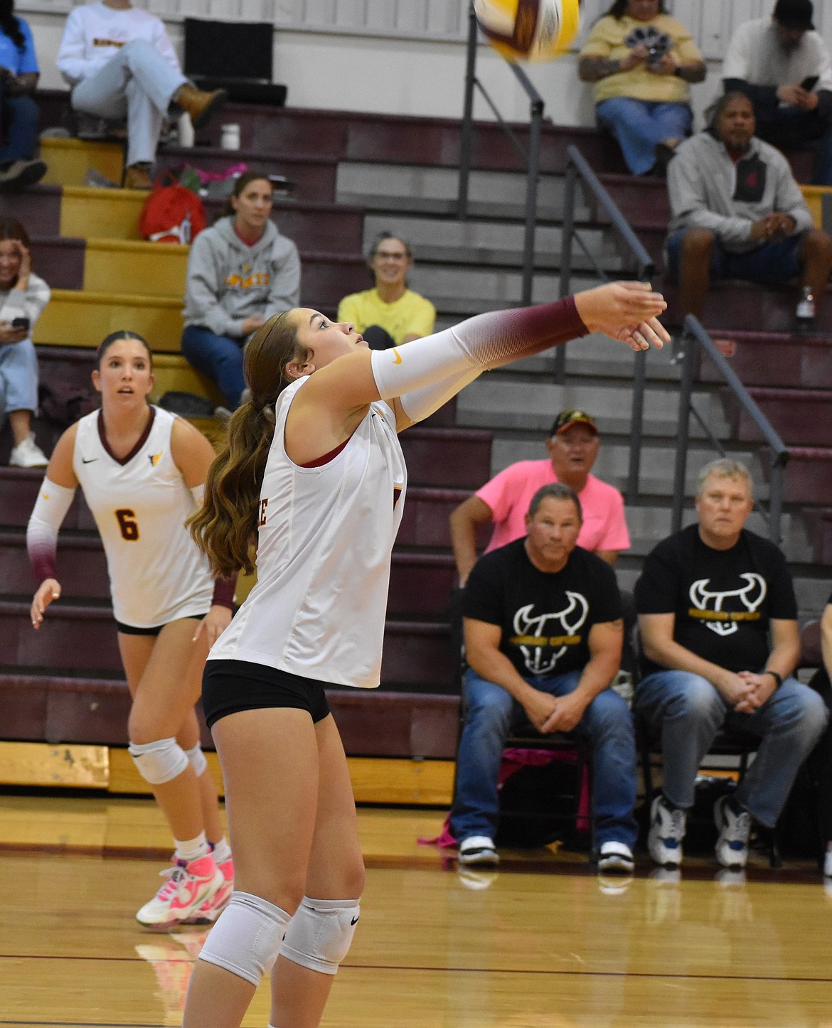 Brynlie Ciganda, a sophomore for MLHS, responds quickly to hit the ball back up in the air Thursday against Eastmont.