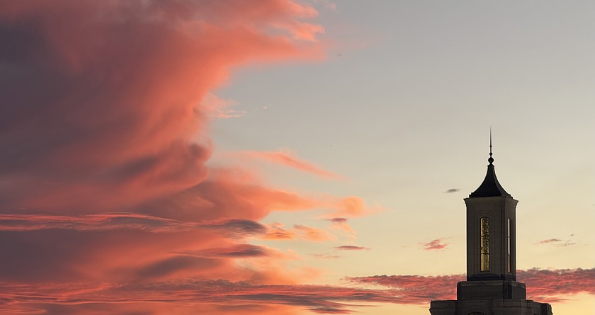 Clouds catch the last rays of the sun near the Church of Jesus Christ of Latter-day Saints in Moses Lake.