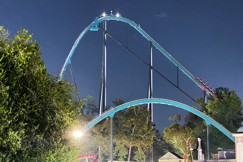 A roller coaster is shown at Six Flags over Georgia on Monday, Oct. 12, 2026, about 15 miles (24 kilometers) northwest of Atlanta. (AP Photo/Emilie Megnien) Correction changes location to outside Atlanta.