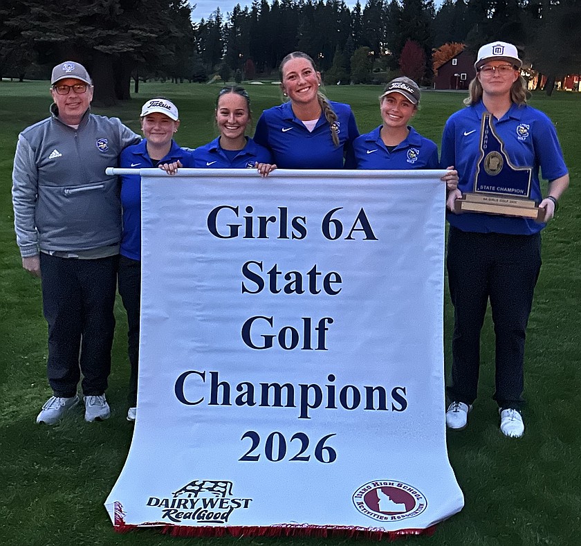 Courtesy photo
Coeur d'Alene's girls golf team won the state 6A golf title Tuesday at Avondale Golf Club in Hayden. From left are coach Jeff Lake, Livi Garcia, Emily Stillert, Ella Wilson, Leah Heavener and Jossetta Williams.