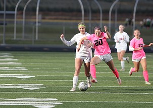 The Jacks’ Brielle Baughman (20) beats a Prosser defender to the ball during their game on Tuesday.
