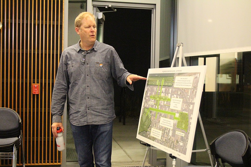Guy Michaelson, a consultant working with Moses Lake officials, lays out some of the ideas to dress up West Third Avenue in a workshop Oct. 15.