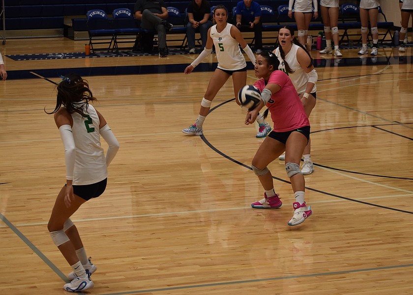 The Vikings' Jah Chong (in pink jersey) bumps the ball back into the air earlier this season. Chong had 27 digs against Treasure Valley Community College on Saturday, highlighting their stiff defense in a 3-2 win.