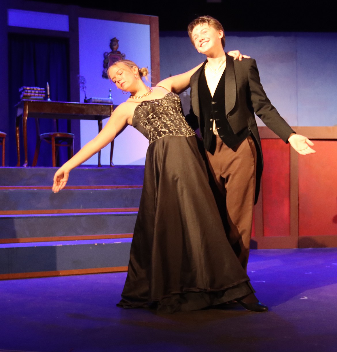 Harrison Gabbert and Morgan Cummings rehearse dance choreography for Coeur d'Alene High School's production of Shakespeare in Love.