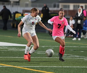 The Jacks' Arlene Bolanos (7) battles with a Prosser defender for control of the ball earlier this season.