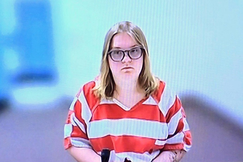 This image taken from KIVI-TV video shows Andrea Shaw attending a court hearing remotely, July 2, 2026, in Payette County District Court in Payette, Idaho. (KIVI-TV via AP)