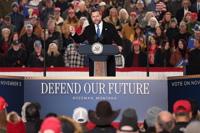 Vice President JD Vance speaks during a campaign rally at Bozeman Yellowstone International Airport, Monday, Oct. 26, 2026, in Belgrade, Mont. (Finn Gomez/Pool Photo via AP)