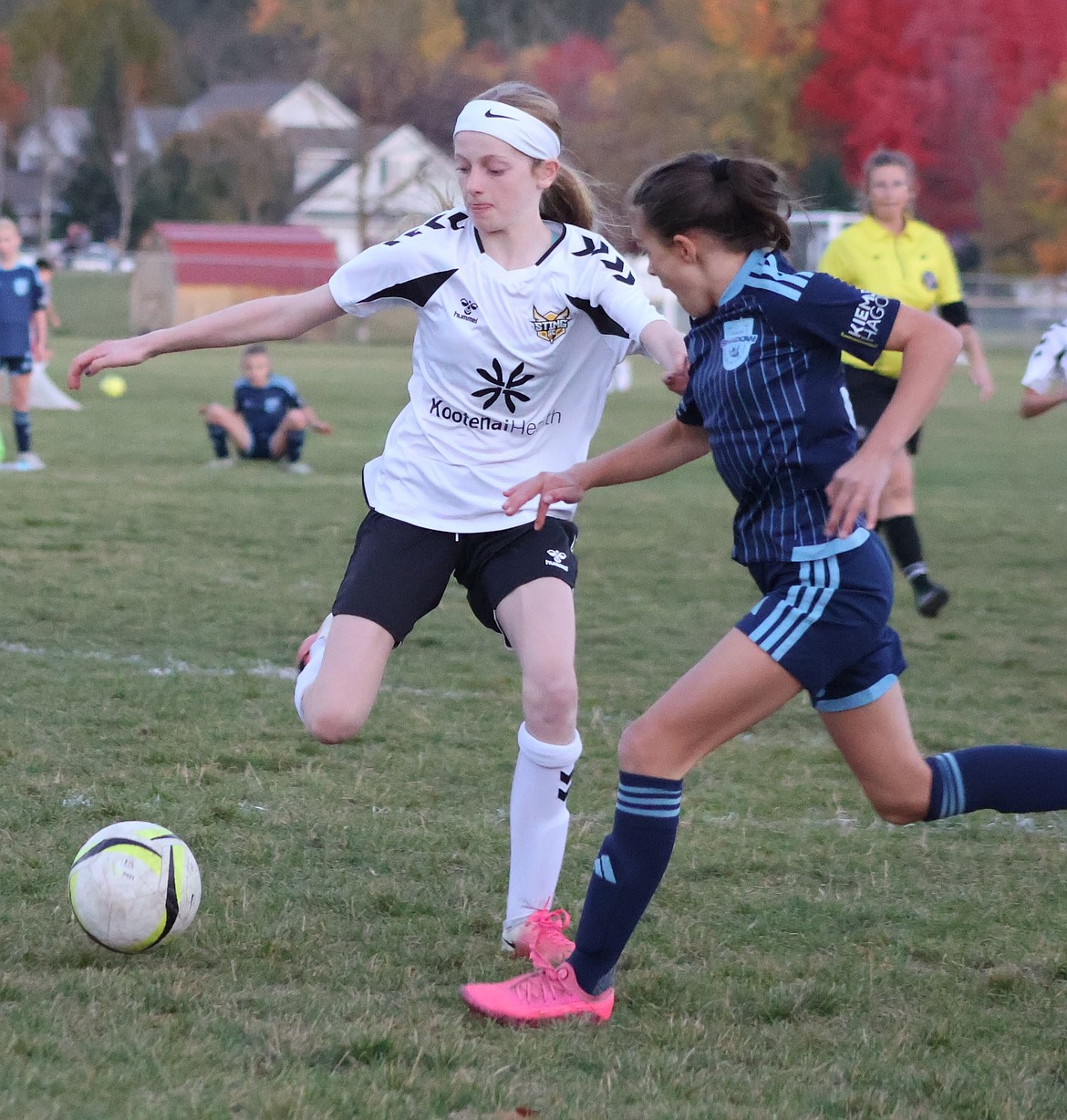 Photo by KRISTINA EVANS
Tatum Chesnut (pictured, in white) and the Sting SC U11 Academy girls soccer team battled to a pair of 1-1 draws this past week in PAL action. On Tuesday, Sting held a tight lead against the first-place Spokane Shadow before conceding an equalizer in the closing minute. The squad then traveled to Richland, Wash., on Saturday, securing another 1-1 draw against Three Rivers SC. The Sting will look to close out their fall season on a high note when they host Three Rivers this Sunday at the Canfield Sports Complex in Coeur d'Alene.
