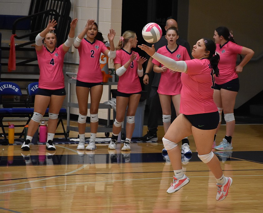 Jaeda Gonzalez from the Vikings serves the ball during a previous home game this season. BBCC will be on the road this week as they face Columbia Basin and Yakima Valley.