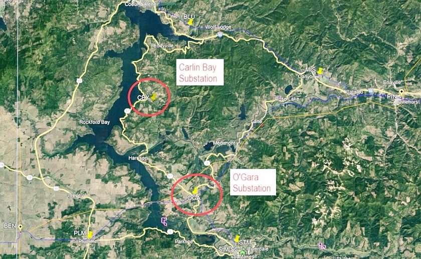 A map of where the existing O'Gara and proposed Carlin Bay substations are in Kootenai County. If approved, a new transmission line will be built between these locations.