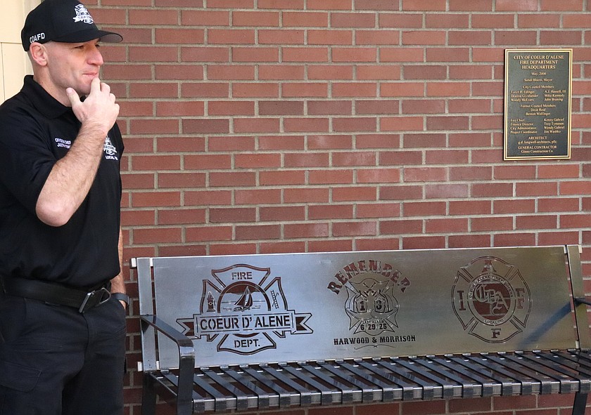 Coeur d'Alene Fire Department Division Chief Justin Torfin speaks during Friday's dedicated of the John Morrison memorial bench at the fire station at Third and Foster.