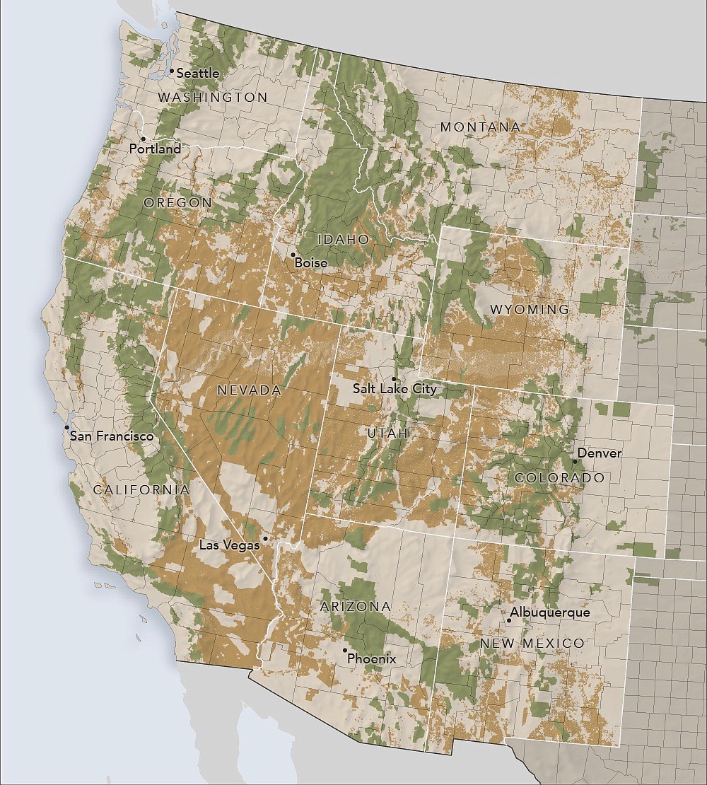 This map shows both lands managed by the United State Forest Service (green) and the Bureau of Land Management (tan), these lands are all accounted for when determining Secure Rural Schools (SRS) funds.